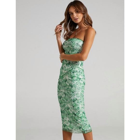 Showpo Brunetta Strapless Bodycon Midi Dress 4 Green Floral Summer Boho Luxe - Picture 3 of 12